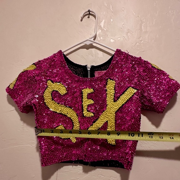 “$EX” Discount Universe Women's Pink and Yellow Sequin Crop Shirt - Picture 5 of 6